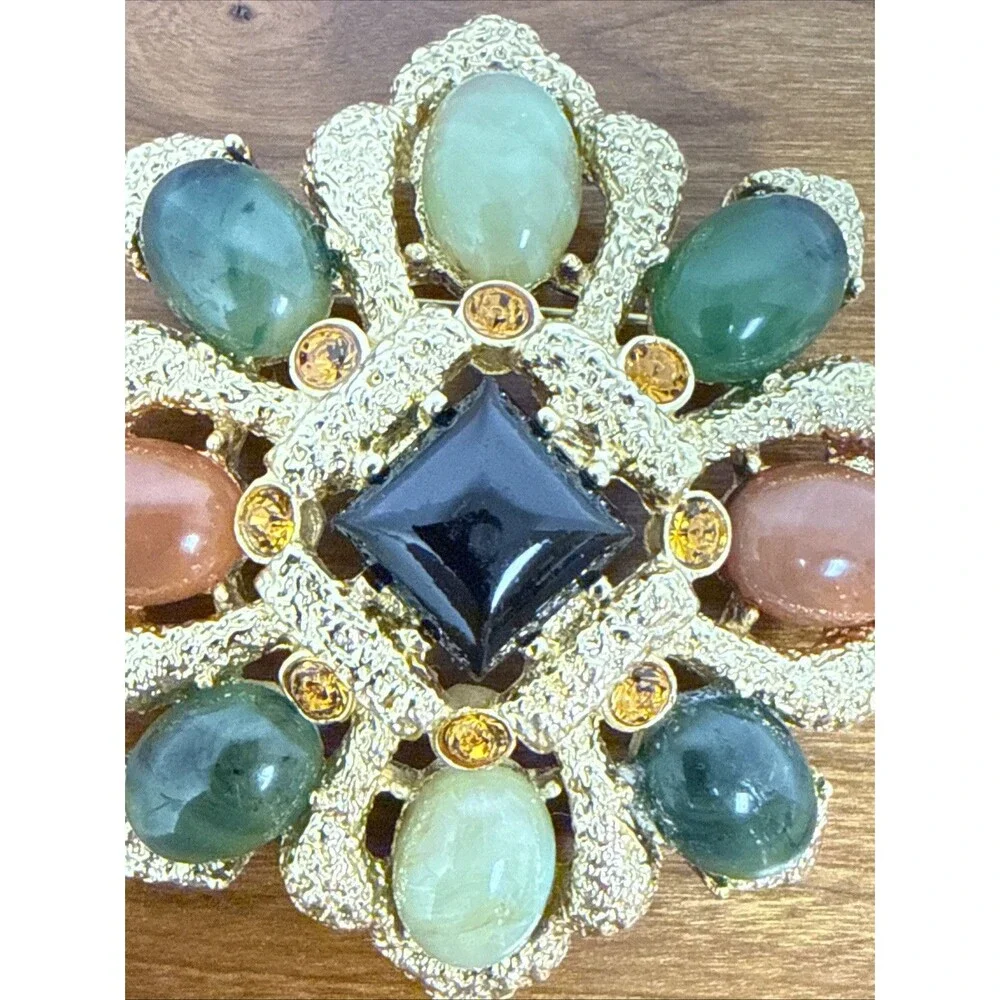 Joan Rivers Gold Tone Multicolor Cabochon Statement Brooch Mogul Maltese Cross